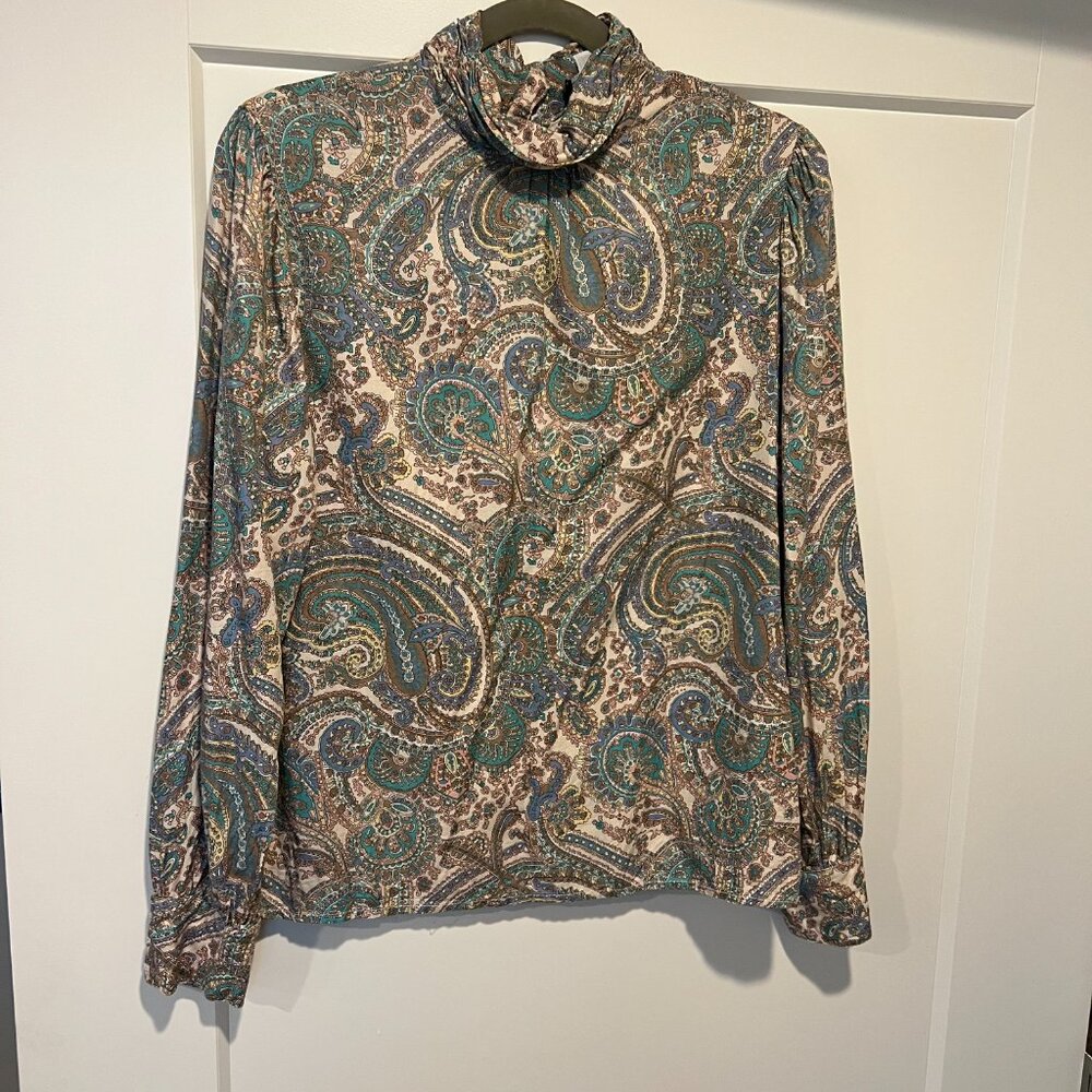 Vintage 1980s Carroll Reed Paisley Blouse Button Neck - Size 10 Fits Small